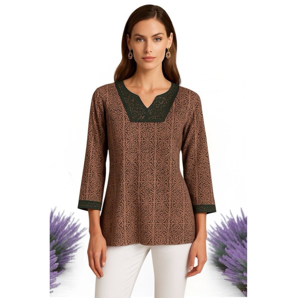 Sigrid Olsen Embellished Sequin V Neck Cotton Silk‎ 3/4 Sleeve Tunic Top- M